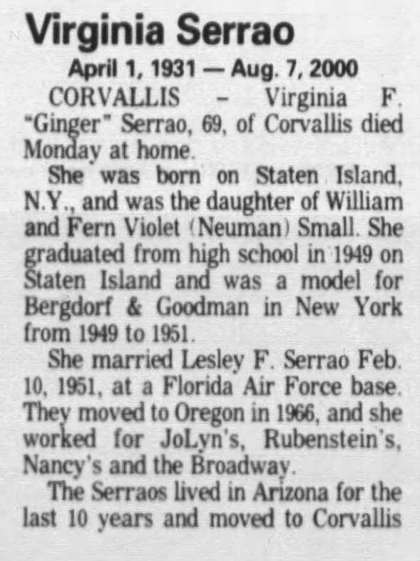 Obituary for Virginia F. Serrao, 1931-2000 (Aged 69)